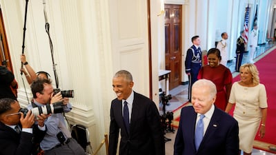 Mr Biden and first lady Jill Biden host the Obamas at the White House. Reuters