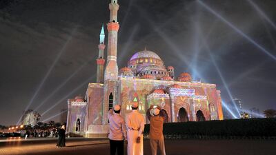 The Al Noor Mosque lit up during the Sharjah Light Festival in February 2018. Pawan Singh / The National