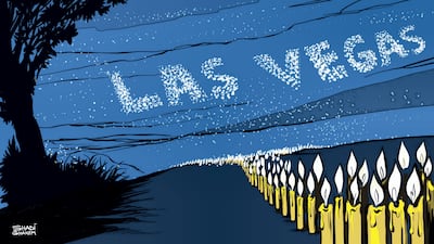 A candlelight vigil on the Las Vegas strip on October 2, 2017, for the victims of the mass shooting at the Route 91 Harvest Country Music Festival.