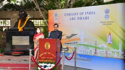 The Indian Ambasaador Sunjay Sudhir makes the speech at a Republic Day event. Photo: Indian Embassy