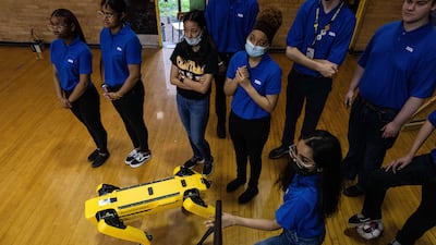 Reggie, a four-legged mechanical canine, at a demonstration with students at Central High School on April 13, in Louisville, Kentucky, US. Getty Images / AFP
