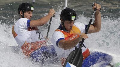 Jonas Kaspar, front, and Marek Sindler of the Czech Republic compete during the canoe single C2 men’s semi-final of the canoe slalom at the 2016 Summer Olympics in Rio de Janeiro, Brazil, Thursday, August 11, 2016. Robert F Bukaty / AP Photo