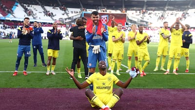 Yoane Wissa of Brentford celebrates following his winner against West Ham United on October 03, 2021. Getty Images