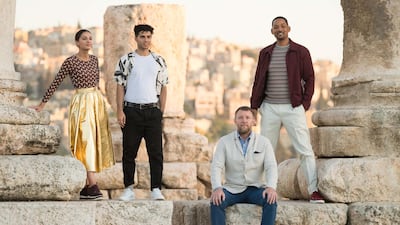 Naomi Scott, Mena Massoud, Guy Ritchie and Will Smith in Amman. Getty Images