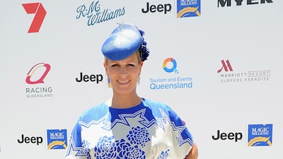 Zara Tindall, wearing a blue and white floral dress, attends the Magic Millions Race Day at Gold Coast Turf Club on January 10, 2015. Getty Images
