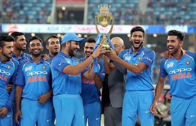 India celebrate aftger beating Bangladesh to win the Asia Cup UAE 2018 at Dubai International Cricket Stadium. Pawan Singh / The National