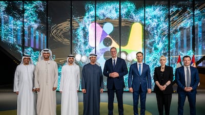 President Sheikh Mohamed and Aleksandar Vucic, President of Serbia, stand for a photograph during a tour of the Expo 2027 Belgrade Playground exhibition space. Dr Sultan Al Jaber, Minister of Industry and Advanced Technology, Group CEO of Adnoc and Chairman of Masdar; Ahmed Al Menhali, UAE ambassador to Serbia; Rashid Al Hashemi, Chief Technology Officer at Expo City Dubai; Sinisa Mali, Serbia’s Deputy Prime Minister and Minister of Finance; and Jagoda Lazarevic, Serbia’s Minister of Domestic and Foreign Trade and Commissioner for Expo 2027, are also pictured. All photos: UAE Presidential Court