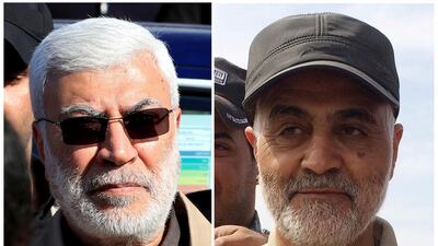 Iraqi militia leader Abu Mahdi Al Muhandis, left, and Iranian general Qassem Soleimani were among 10 people killed in a US air strike on Januray 3, 2020. Reuters