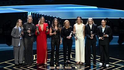Keira Walsh, Alessia Russo, Mary Earps, Ella Toone, Lucy Bronze, Alex Greenwood, Lauren James, alongside Fifa Women's Coach of the Year, Sarina Wiegman, fourth from right. Getty