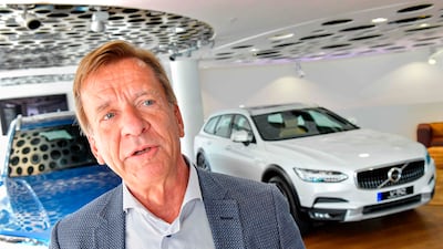 Volvo Cars CEO Hakan Samuelsson speaks during an interview at Volvo Cars Showroom in Stockholm, Sweden, on July 05, 2017. Samuelsson said that all Volvo cars will be electric or hybrid within two years. The Chinese-owned automotive group plans to phase out the conventional car engine. Jonas EKSTROMER / AFP