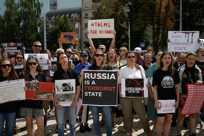 Relatives of defenders of the Azovstal Iron and Steel Works in Mariupol hold a rally demanding to recognise Russia as a state sponsor of terrorism. Reuters.