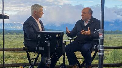 Philadelphia Federal Reserve Bank President Patrick Harker, left, speaks with CNBC's Steve Liesman in an interview ahead of the annual Federal Reserve Bank of Kansas City's Economic Policy Symposium, at Jackson Hole, Wyoming. Reuters