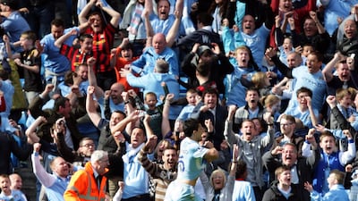 Sergio Aguero celebrates scoring the winner against QPR at the Etihad Srtadium that sealed Manchester City the Premier League title in May 2012. PA