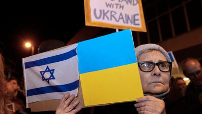 Protesters outside the Russian embassy in Tel Aviv. AFP