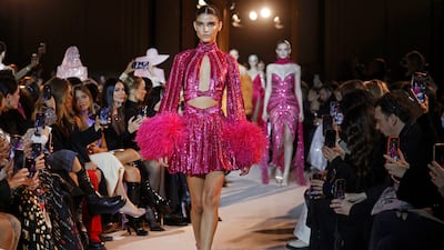 Sequins and feathers in hot pink at the Zuhair Murad show. Getty Images