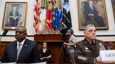 General Mark Milley (R), Chairman of the Joint Chiefs of Staff, and US Secretary of Defence Lloyd Austin at a House Armed Services Committee hearing on Capitol Hill in Washington DC on June 23. AFP