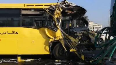 Police said 15 pupil escaped with minor injuries. A driver and two bus supervisors suffered minor and moderate injuries, officers said. Courtesy Dubai Police
