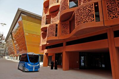 A driverless vehicle at Masdar City, a planned sustainable city powered by renewable energy on the eastern outskirts of Abu Dhabi, on September 4, 2018. Mahmoud Khaled / AFP
