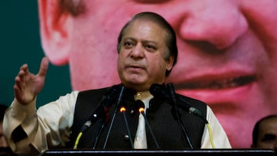 Former Pakistani Prime Minister Nawaz Sharif addresses his Pakistan Muslim League supporters during a party general council meeting in Islamabad, Pakistan. AP