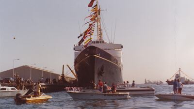 Queen Elizabeth arrived aboard the royal yacht, 'Britannia', and was greeted by UAE Founding Father, the late Sheikh Zayed bin Sultan Al Nahyan, and the Rulers of the Emirates.