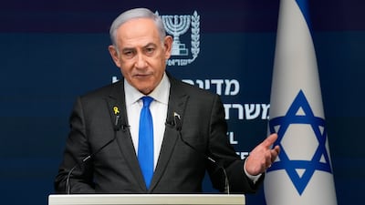 Israeli Prime Minister Benjamin Netanyahu speaks during a news conference in Jerusalem on Monday where he vowed to to continue the war. EPA