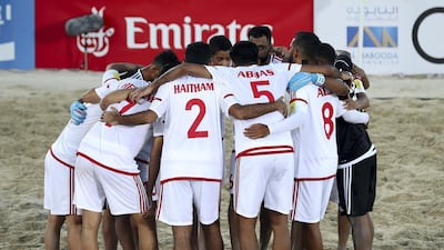 UAE players huddle before the game against Spain at the Intercontinental Beach Soccer Cup in Kite Beach, Dubai. All photos by Chris Whiteoak / The National