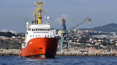The rescue ship Aquarius, chartered by French aid group SOS Mediterranee and Doctors Without Borders (MSF), leaves the harbour of Marseille, southeastern France, on August 1, 2018 / AFP PHOTO / BORIS HORVAT