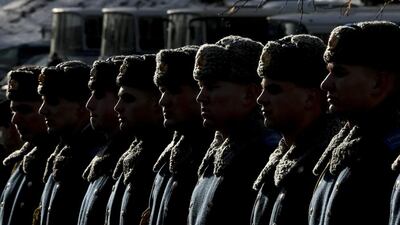 Honour guards attend a ceremony to commemorate several hundred students who died during a battle on January 29, 1918 while defending the Ukrainian capital from the Bolsheviks, in Kiev. Gleb Garanich / Reuters
