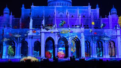 An underwater scene on the Sharjah City Municipality building during the Sharjah Light Festival's opening night. Reem Mohammed / The National