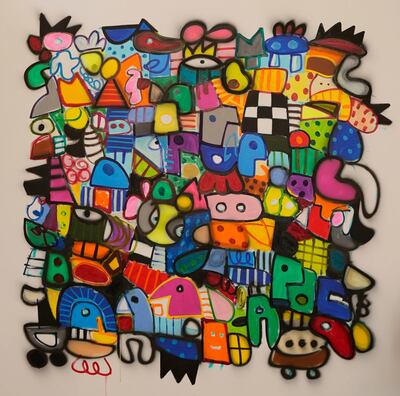 Oil on linen and spray paint works show smiling faces (a first in Ahmad’s work) as reflections of personal connections and memories. Photo: Firetti Contemporary