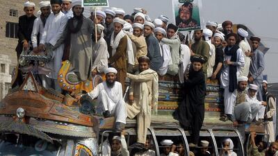 Pakistani supporters of Mumtaz Qadri on February 29, 2016, protest his execution in Peshawar, Pakistan. Qadri, the convicted killer of a former governor, shot in 2011 by his bodyguard who accused him of blasphemy, was hanged by the government on Monday. Mohammad Sajjad / Associated Press