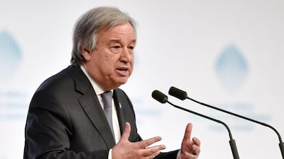 Antonio Guterres, Secretary General of the United Nations, speaks at the World Government Summit 2017 in Dubai's Madinat Jumeirah on February 13, 2017. Guterres said he "deeply" regretted opposition to former Palestinian prime minister Salam Fayyad as the organisation's peace envoy to Libya, days after Washington vetoed the appointment. / AFP / STRINGER