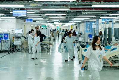 Patients are transferred to an underground car park at Tel Aviv Sourasky Medical Centre amid reports of incoming missiles. Getty
