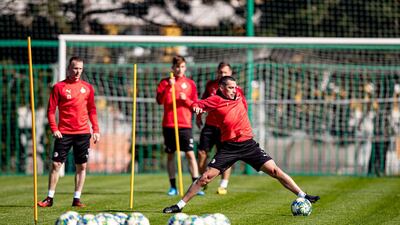 Slavia Prague's Nicolae Stanciu, right, during training on Monday. EPA