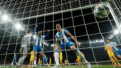 Espanyol's David Lopez celebrates scoring their first goal. Reuters