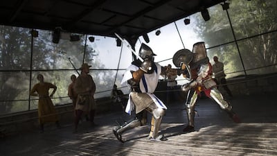 Medieval history enthusiasts fight in the ring during the Knights Of Jerusalem Historical Festival in the holy city. The festival features reenactments of historical medieval battles, with enthusiasts from around the world fighting with full armor and swords. Uriel Sinai / Getty Images