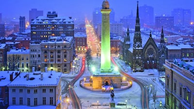 The historic Washington Monument anchors the Mount Vernon neighbourhood of Baltimore, Maryland. Getty Images