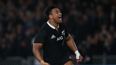 Julian Savea celebrates a try during New Zealand's win over Australia in the Rugby Championship on Saturday. Martin Hunter / Getty Images / August 23, 2014