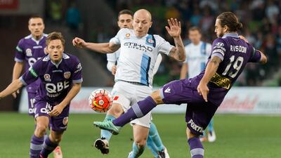 Aaron Mooy, centre, had been such a success at Melbourne City that he was given an offer to move to sister club Manchester City. AP Photo