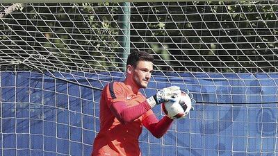 France goalkeeper Hugo Lloris stops the ball during a training session at the Centre Robert Louis Dreyfus, in Marseille, southern France, Wednesday, July 6, 2016. France will face Germany in a Euro 2016 semi-final match in Marseille on Thursday, July 7, 2016. Claude Paris / AP Photo