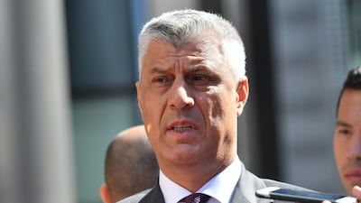 Kosovo's President Hashim Thaci talks to the press. AFP