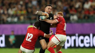 New Zealand's Sonny Bill Williams (centre) is tackled by Canada's Ciaran Hearn (left) and Peter Nelson during the 2019 Rugby World Cup match at Oita Stadium, Japan. PA Photo