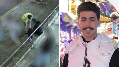 Left: CCTV footage of Chas Corrigan, 22, in a hi-vis jacket approaching Mohammed Algasim. Right, the Saudi student. PA / Supplied