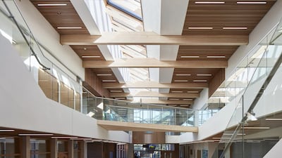 Informal study pod in open plan atrium. Highgate Shool, London, United Kingdom. Getty