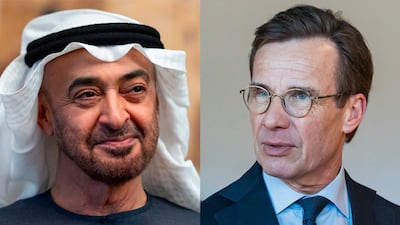President Sheikh Mohamed held a phone call with Swedish Prime Minister Ulf Kristersson. Photo: UAE Presidential Court / Reuters