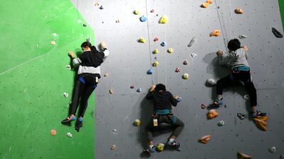 The family next scaled the intermediate climbing wall.