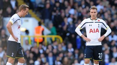 Harry Kane, left, and Christian Eriksen, right, react after Tottenham concede Stoke City's second goal on Sunday in their Premier League loss at White Hart Lane. Olly Greenwood / AFP / November 9, 2014