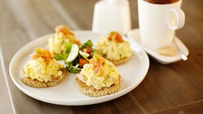 Smoked Salmon blinis are among the offerings on the breakfast menu at THE One Deli in Jumeirah, Dubai or the Khalidiya Theatre in ABu Dhabi. Courtesy THE One