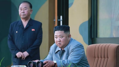 Kim Jong-Un (R), chairman of the Workers' Party of Korea, and leader of the nation, overseeing the launch of a new-type tactical guided weapon, in North Korea, 25 July 2019. EPA/KCNA