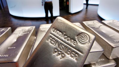 Silver bullion bars on display in the trading room of the Frankfurt stock exchange. BlackRock’s iShares Silver Trust, an exchange-traded fund, saw $944m of net inflows on Friday as interest from retail investors ramped up. AP Photo